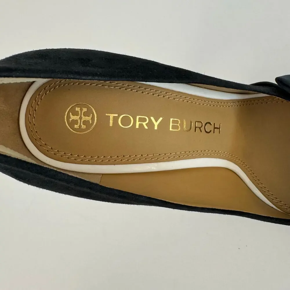 Tory Burch Bow Suede Pointed-Toe Pumps Black/White Shoes Heels 9M